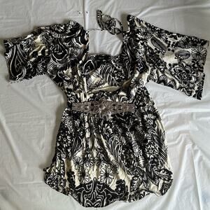 Black and White Floral Print Blouse with Swarovski Crystals Belt